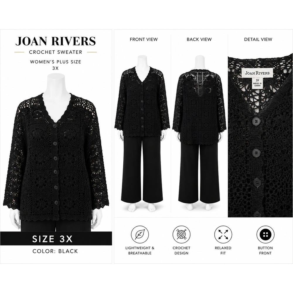 Joan Rivers Black Crochet Cardigan Sweater Womens‎ Plus 3X Button Front V-Neck